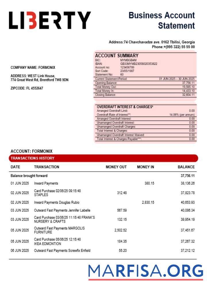 Downloadable Liberty bank organization checking account statement Word and PDF format download for verification